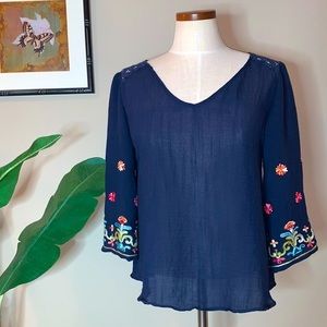 Anthro Fig & Flower Embroidered Bell Sleeved Lace Back Boho Top, Navy Blue, Sz S